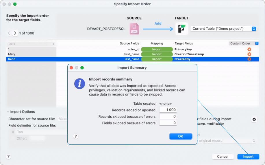 The Specify Import Order dialog with mapped fields and the Import Summary