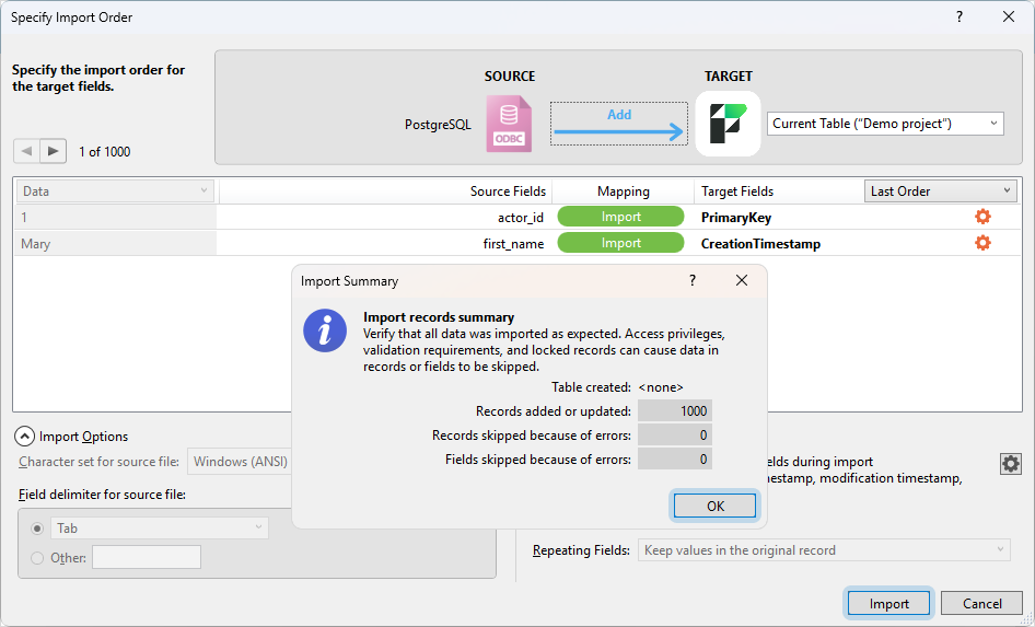 The Specify Import Order dialog with mapped fields and the Import Summary