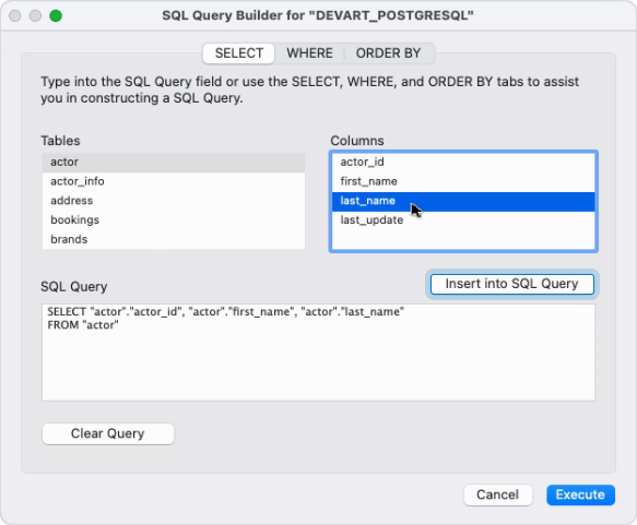 The SQL Query Builder dialog with selected columns and generated SQL query