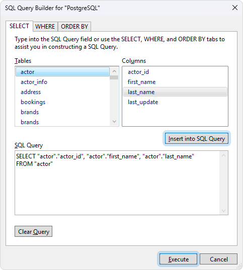The SQL Query Builder dialog with selected columns and generated SQL query