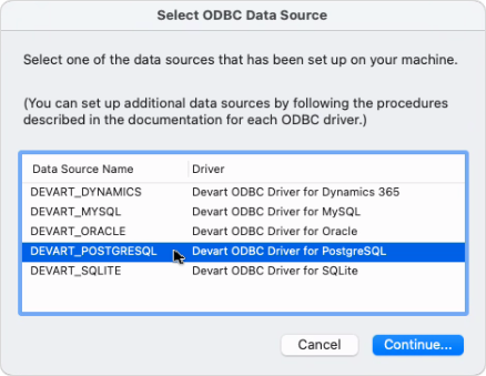 The Select ODBC Data Source dialog