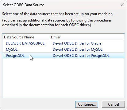 The Select ODBC Data Source dialog