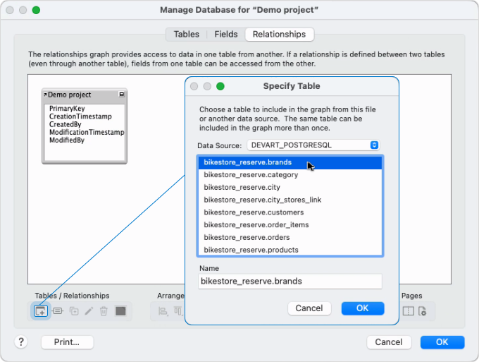 The Manage Database and Specify Table dialogs