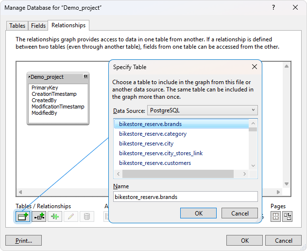The Manage Database and Specify Table dialogs