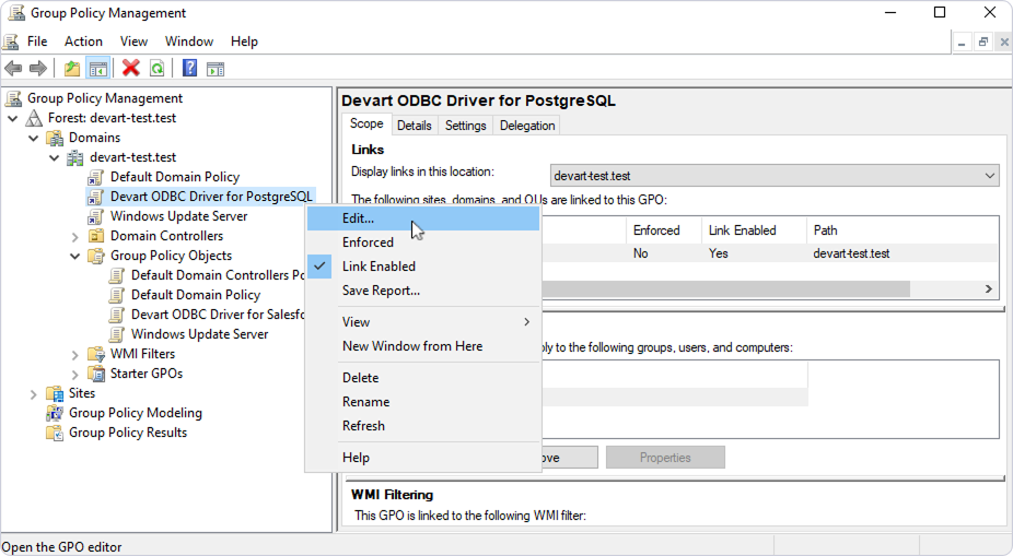 Group Policy Management window with the driver policy selected and the Edit context menu option highlighted.
