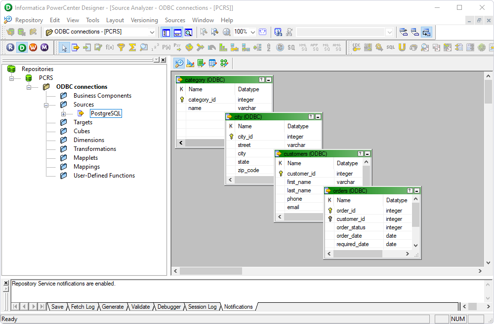 The new source and imported tables in PowerCenter Designer