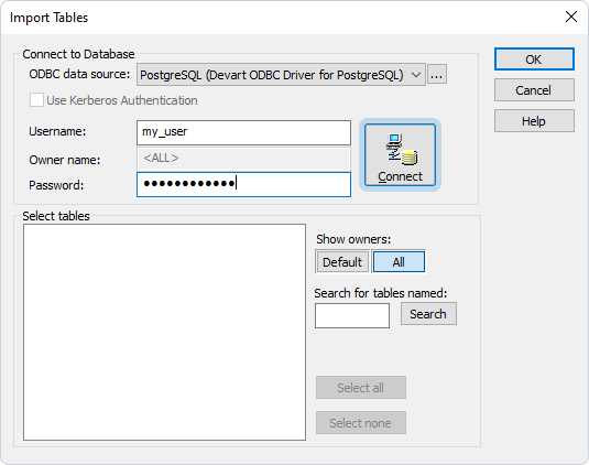 The Import Tables dialog with a selected data source and entered credentials