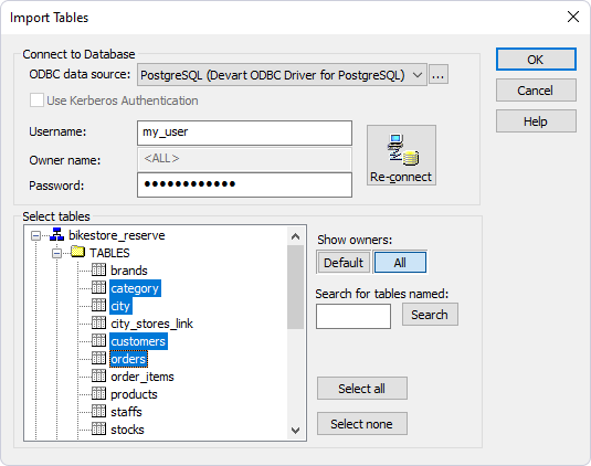 The Import Tables dialog with selected tables