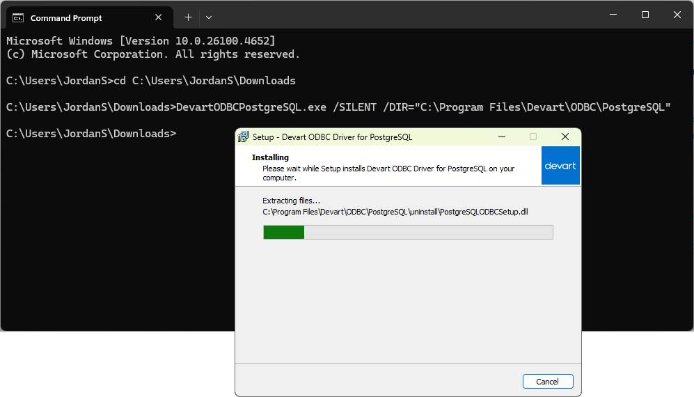 Command Prompt showing the silent installation command, and the ODBC driver installer window.