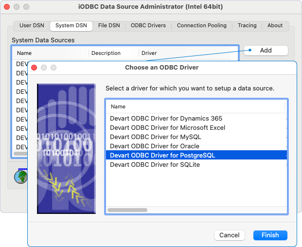 The Choose an ODBC Driver dialog opened in iODBC Administrator.