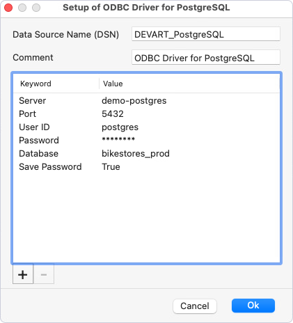 The ODBC driver Setup dialog.