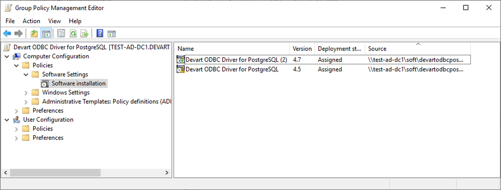 Group Policy Management Editor showing Computer Configuration with Software installation selected and two driver packages in the right pane.
