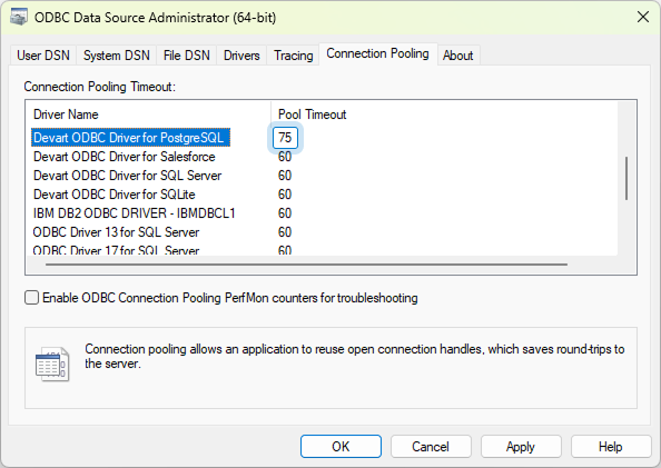 ODBC Data Source Administrator showing the changed Pool Timeout value
