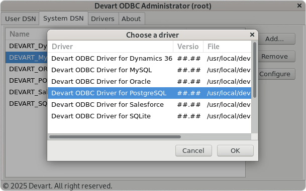Create a DSN on Linux: choose a driver