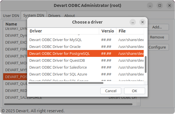 Create a DSN on Linux: choose a driver