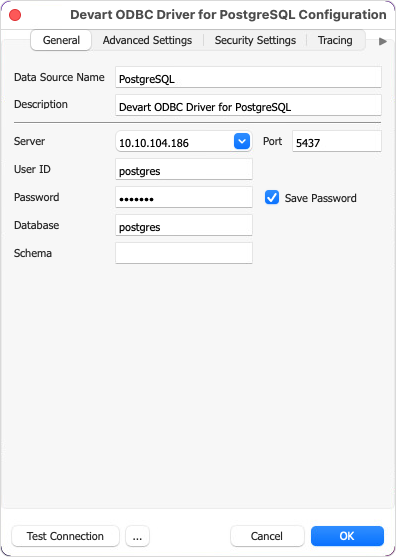 Create a DSN on macOS: connection parameters