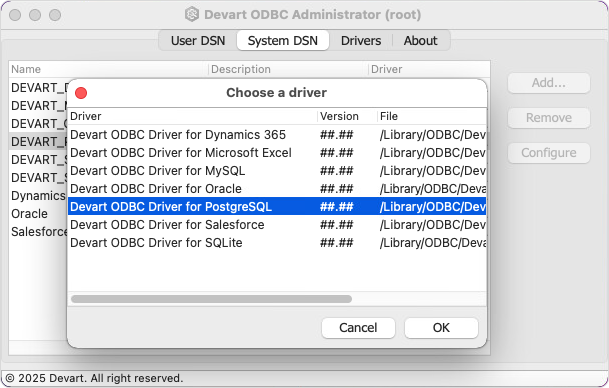 Create a DSN on macOS: choose a driver