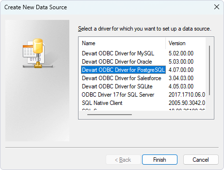 Create New Data Source dialog with the driver selected.
