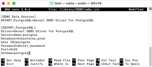 The odbc.ini file opened in a text editor with entered DSN configuration details.