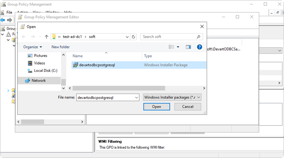 Group Policy Management Editor with an Open dialog showing a selected Windows Installer package.
