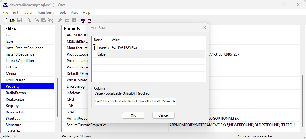 Add property to an MST file using Orca