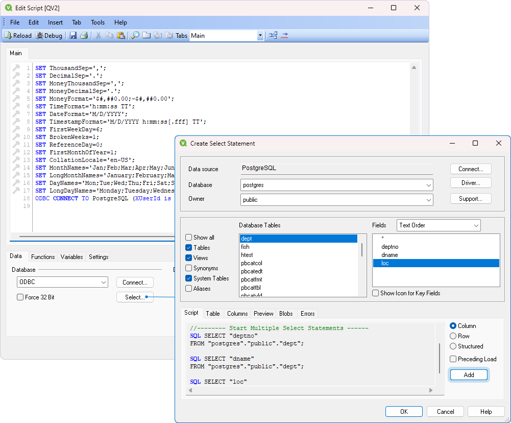 The Create Select Statement dialog with selected tables and fields