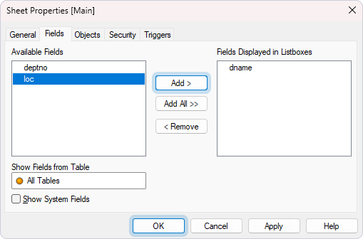 The Sheet Properties dialog with selected fields to be displayed as list boxes