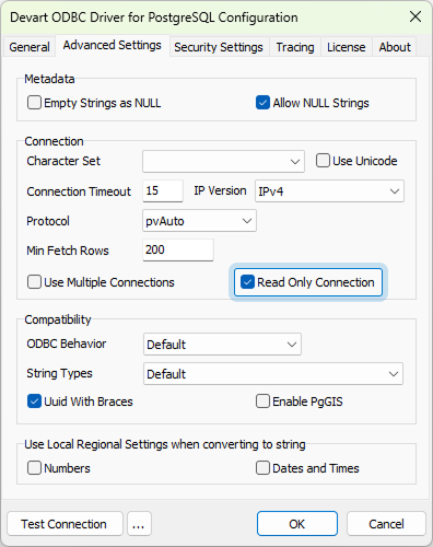 Advanced Settings tab in the Devart ODBC Driver Configuration dialog
