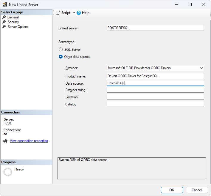 The New Linked Server dialog with fields filled in