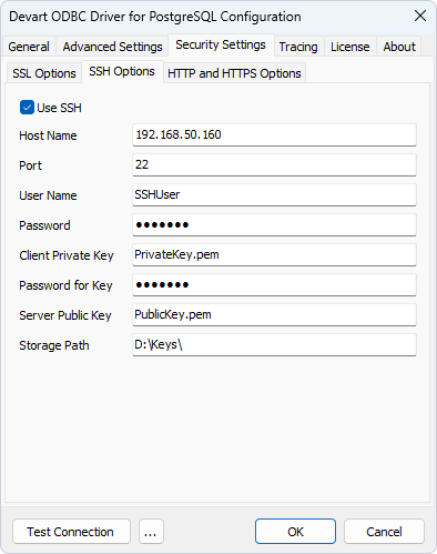 The SSH Options tab under Security Settings in the ODBC Data Source Administrator with the filled out fields
