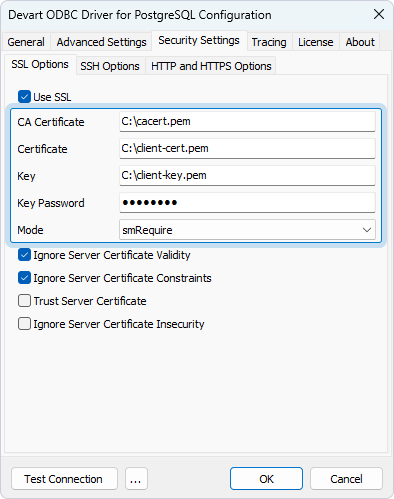 The Security Settings tab in the ODBC Data Source Administrator with the filled out fields