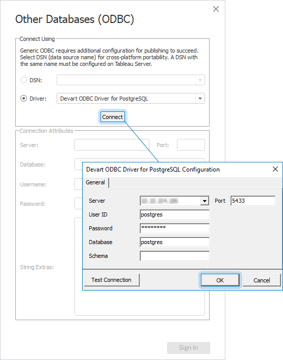 The Other Databases (ODBC) and Devart ODBC Driver for PostgreSQL Configuration dialogs