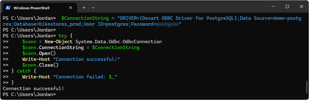 Test DSN-less connection