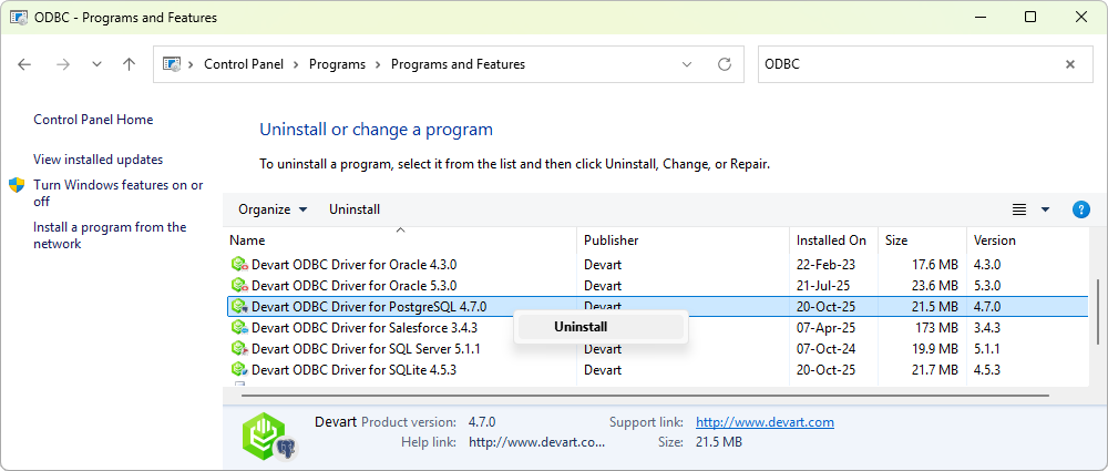 Programs and Features window, with the ODBC driver selected and the Uninstall option highlighted.
