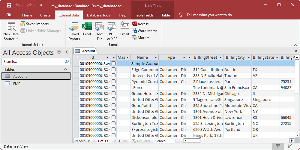 The imported table appeared in the Tables navigation pane displaying its contents