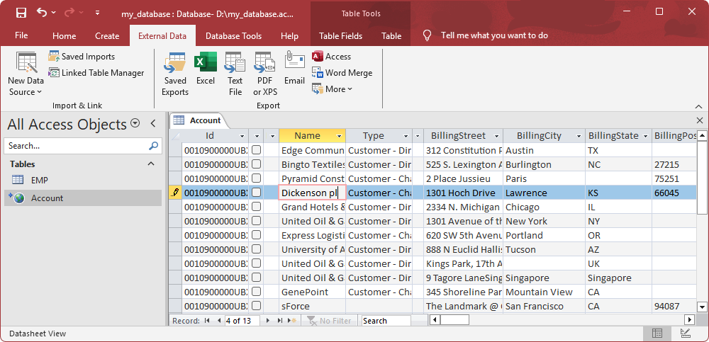The linked table appeared in the Tables navigation pane displaying its contents