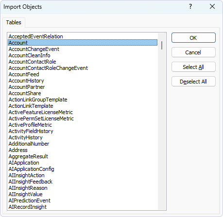 Select the tables for import
