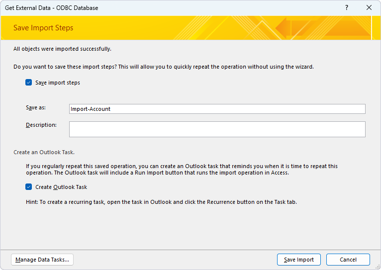 Select the Save import steps checkbox in the Save Import Steps dialog