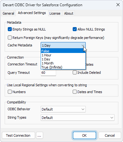 The Cache Metadata drop-down list on the Advanced Settings tab in the Devart ODBC Driver Configuration dialog