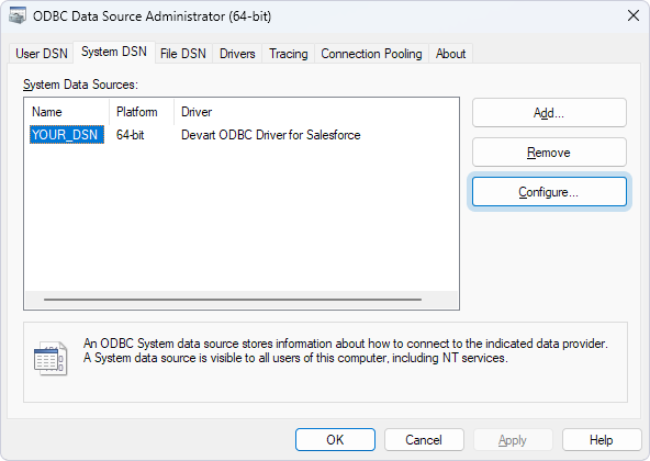 A selected DSN in ODBC Data Source Administrator