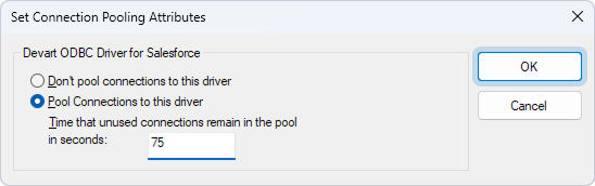 The Set Connection Pooling Attributes dialog in ODBC Data Source Administrator