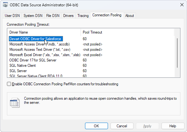 The Connection Pooling tab in ODBC Data Source Administrator