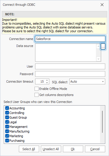 The Connect through ODBC dialog with filled out Connection name