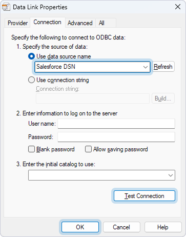 The Data Link Properties dialog with the opened Connection tab