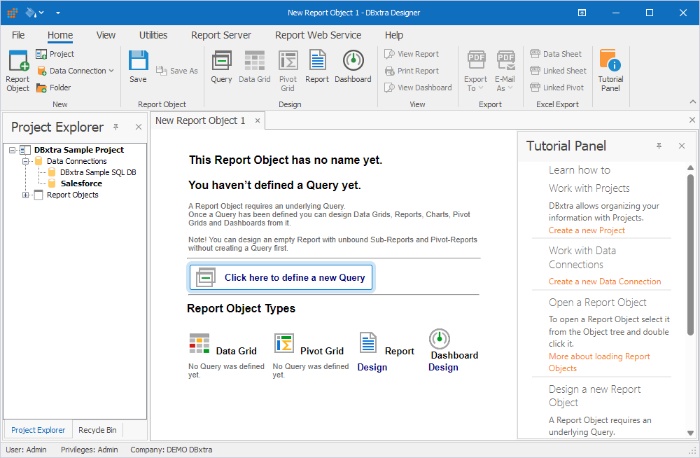 The New Report Object tab in DBxtra Designer