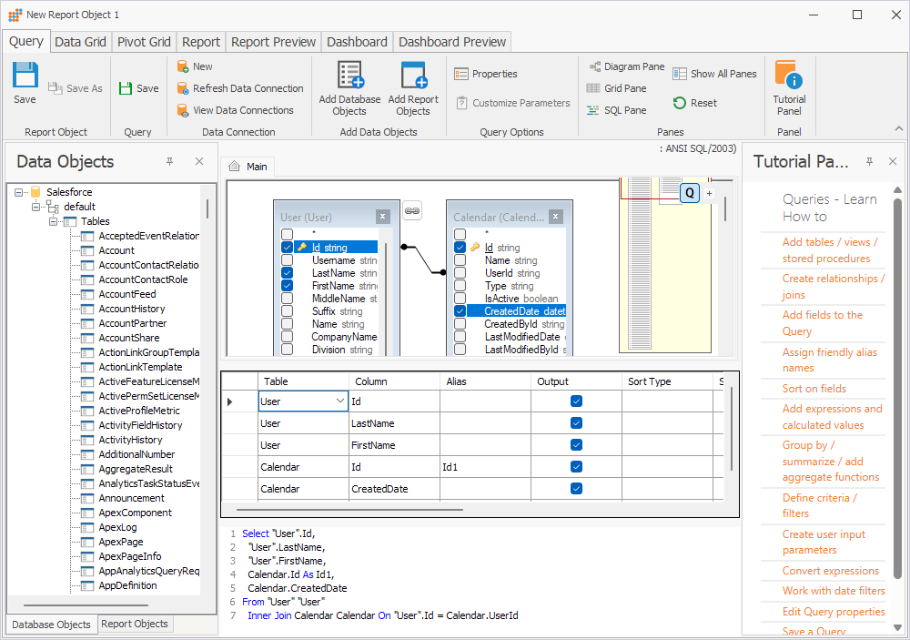 The Query tab of the New Report Object with selected tables and fields