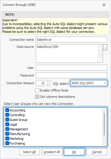 The Connect through ODBC dialog with filled out fields