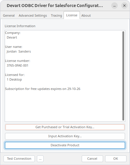 Deactivate Product button highlighted on the License tab in the Devart ODBC Driver for Salesforce Configuration dialog