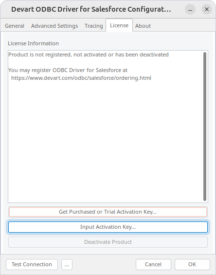 Input Activation Key button highlighted on the License tab in the Devart ODBC Driver for Salesforce Configuration dialog