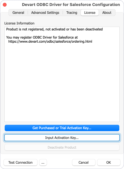 Input Activation Key button highlighted on the License tab in the Devart ODBC Driver for Salesforce Configuration dialog
